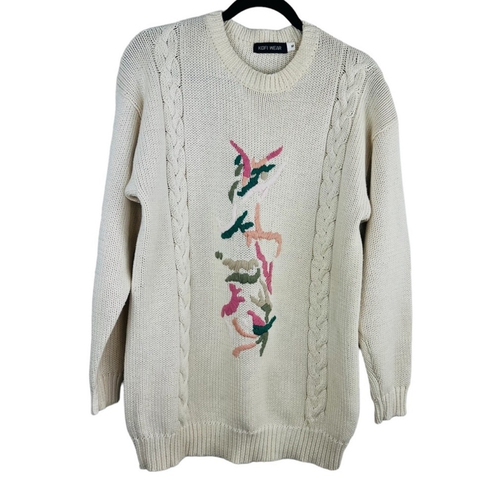 Vintage Kofi Wear Cream Knit Embroidered Floral Crew-Neck Long sweater Dress M